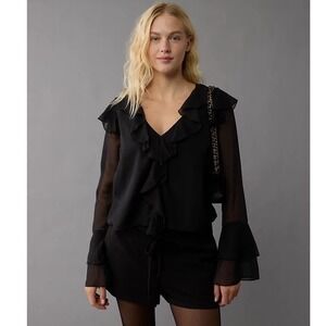New American Eagle Black Ruffle V-Neck Bell Sleeve Blouse Womens Small Boho